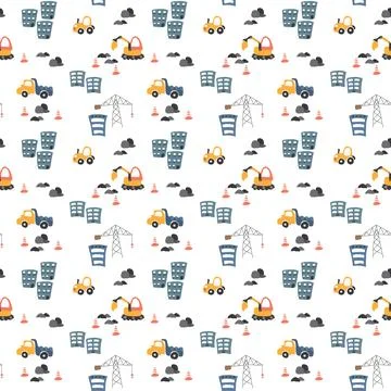 Cute construction site Seamless Pattern, Cartoon building area background 스톡 일러스트