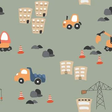 Cute construction site Seamless Pattern, Cartoon building area background 스톡 일러스트