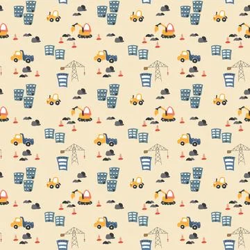 Cute construction site Seamless Pattern, Cartoon building area background 스톡 일러스트