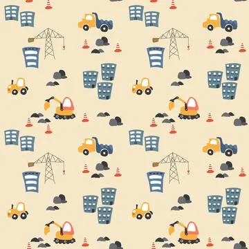 Cute construction site Seamless Pattern, Cartoon building area background 스톡 일러스트