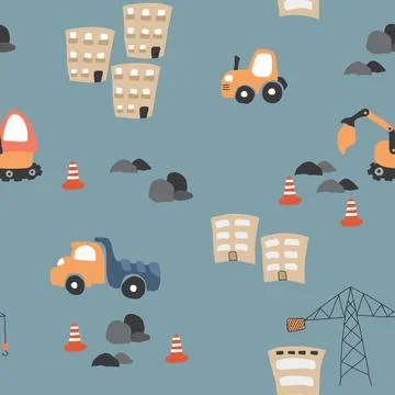 Cute construction site Seamless Pattern, Cartoon building area background Stock Illustration