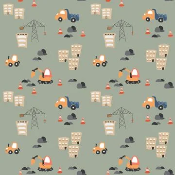 Cute construction site Seamless Pattern, Cartoon building area background 스톡 일러스트