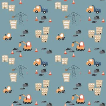Cute construction site Seamless Pattern, Cartoon building area background 스톡 일러스트