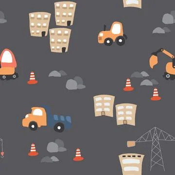 Cute construction site Seamless Pattern, Cartoon building area background 스톡 일러스트