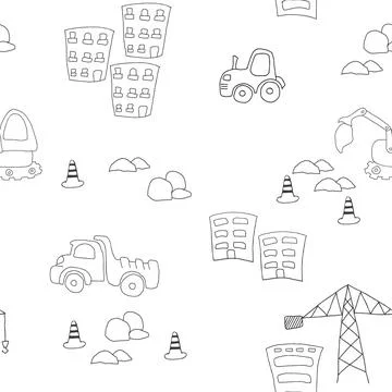 Cute construction site Seamless Pattern, Cartoon building area background 스톡 일러스트