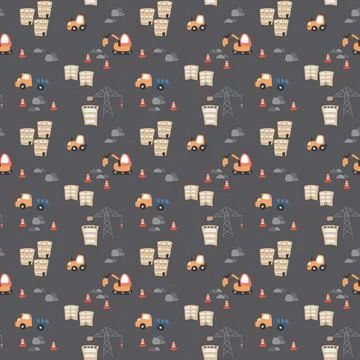 Cute construction site Seamless Pattern, Cartoon building area background 스톡 일러스트