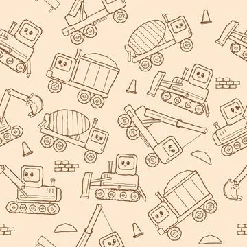 Cute construction vehicle doodle pattern on beige background for kids designs Stock Illustration