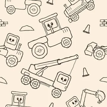 Cute construction vehicle doodle pattern with cranes and trucks for childre.. Stock Illustration