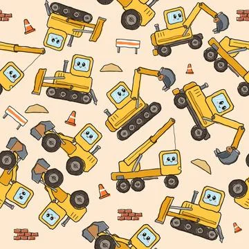 Cute construction vehicle pattern with cartoon excavators for kids textiles Stock Illustration