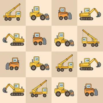 Cute construction vehicle pattern with excavators and cranes for childrens .. Stock Illustration