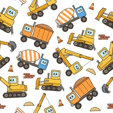 Cute construction vehicle pattern with hand drawn machinery for kids designs Stock Illustration