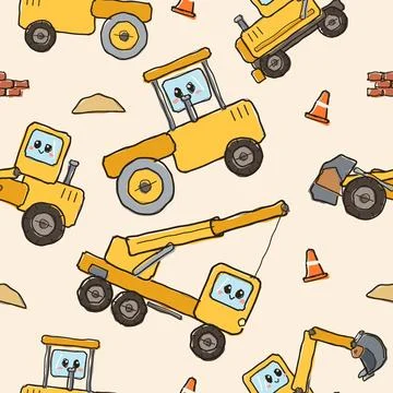 Cute construction vehicles pattern with friendly faces for children's designs Stock Illustration