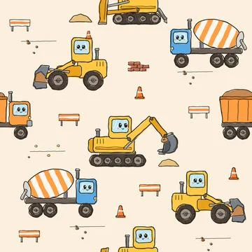 Cute construction vehicles pattern with roadwork details for children's tex.. Stock Illustration