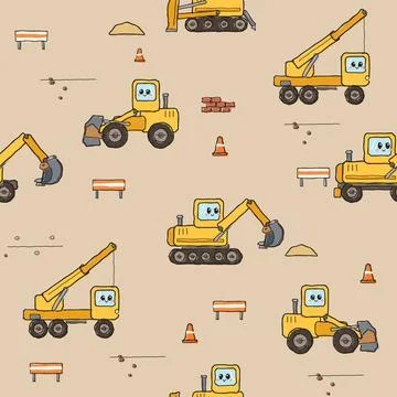 Cute construction vehicles seamless pattern with cranes and excavators for .. イラスト素材