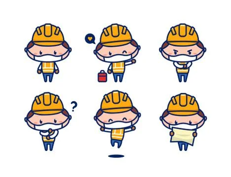 Cute construction worker character mascot with face mask virus protection Illustrazione stock