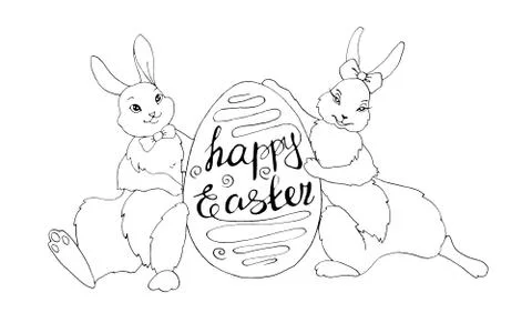 Cute contoured Easter Bunny with egg shaped frame. Paired illustration of boy Stock-Illustration