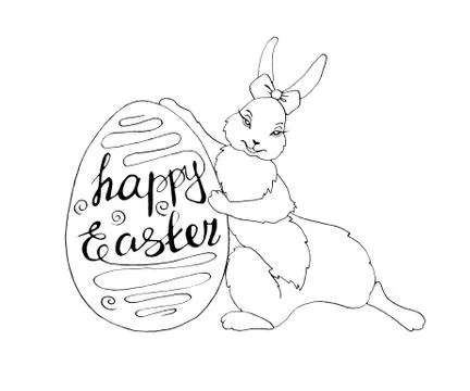 Cute contoured Easter Bunny with egg shaped frame. Paired illustration of boy 스톡 일러스트