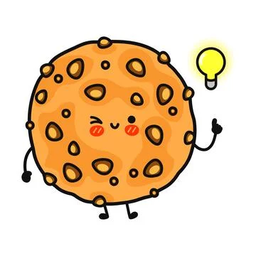 Cute cookie character with a bright idea and a lightbulb above its head Stock Illustration