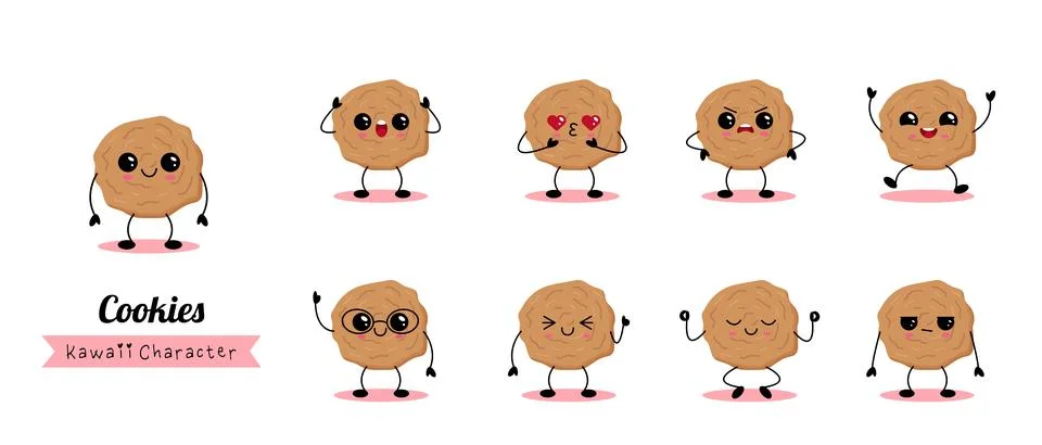 Cute cookie characters show various emotions Stock Illustration