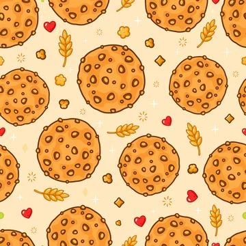 Cute cookie pattern with hearts and wheat ears on a light background Stock Illustration