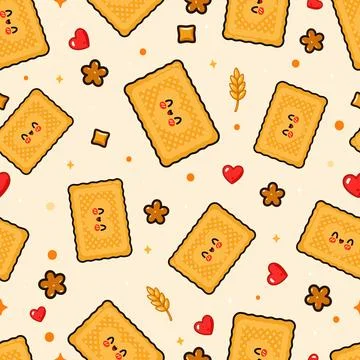 Cute cookie seamless pattern with hearts and wheat Stock Illustration