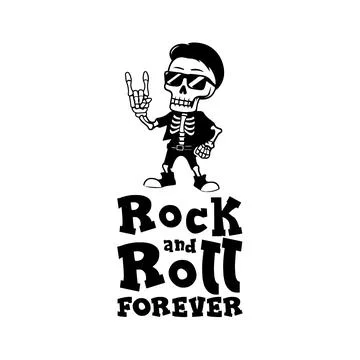 Cute cool skeleton with a funny quote rock and roll forever. Vector illustration Stock-Illustration