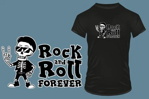 Cute cool skeleton with gesture and funny quote rock and roll forever. Vector Illustrazione stock