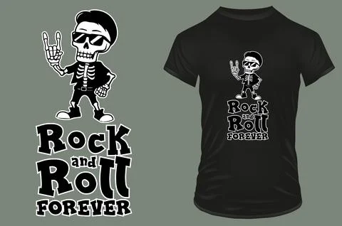 Cute cool skeleton with gesture and funny quote rock and roll forever. Vector Stock Illustration