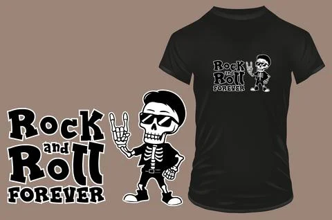Cute cool skeleton with gesture and funny quote rock and roll forever. Vector Stock Illustration