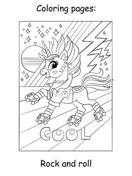 Cute cool unicorn in roller skates at the disco kids coloring Stock Illustration