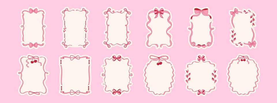 Cute coquette bow frame elements. Modern hand drawn whimsical borders for i.. 스톡 일러스트