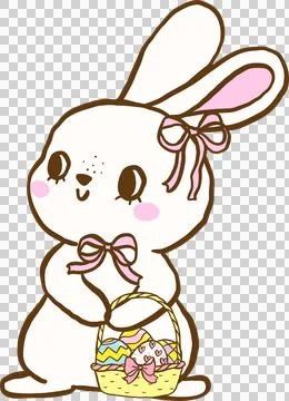 Cute Coquette Bunny with Easter Eggs Basket Cartoon Hand Drawn Stock Illustration