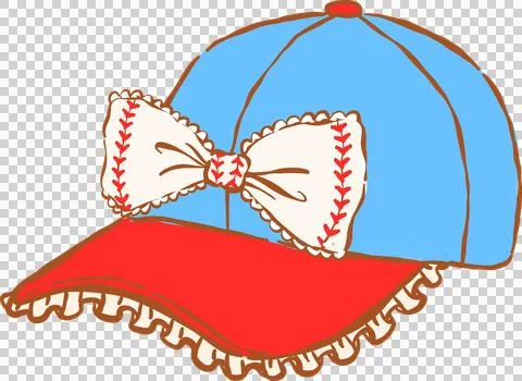 Cute Coquette Ruffled Baseball Cap Red and Blue Whimsical Hand Drawn Stock Illustration