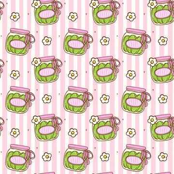 Cute Coquette Seamless Pattern Cucumbers Pickled Jar with pink ribbon bow, .. Stock Illustration
