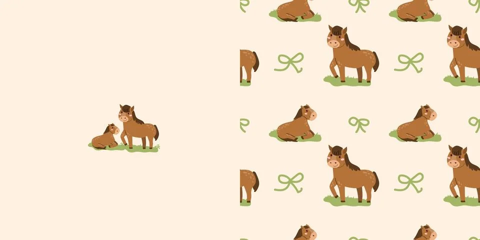 Cute coquette seamless pattern with farm animals - horse and kids print. Stock Illustration