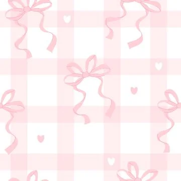 Cute coquette seamless pattern pink ribbon bow on checkered background with.. Stock Illustration