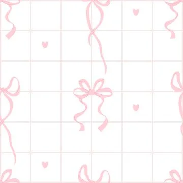 Cute coquette seamless pattern pink ribbon bow on checkered white backgroun.. Stock Illustration