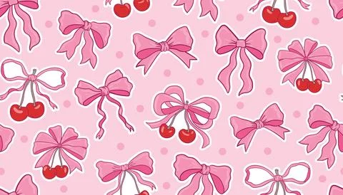 Cute coquette seamless pattern with red and pink bows, cherries, and tiny dot Stock Illustration