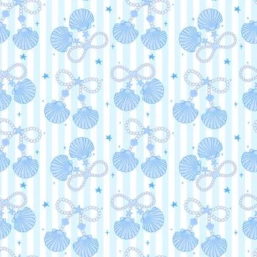 Cute coquette Summer seamless pattern Blue Pearl bow seashells girly Coasta.. Stock Illustration