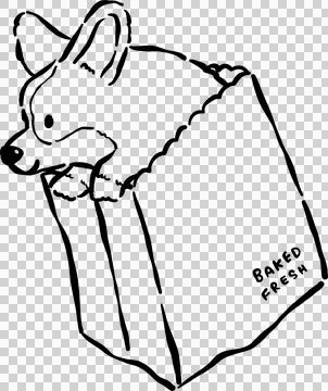 Cute Corgi Bread Loaf Outline doodle Peeking From Bag Cartoon Hand Drawn Stock Illustration