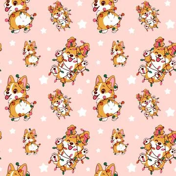 Cute corgi characters playfully surrounded by stars Stock-Illustration