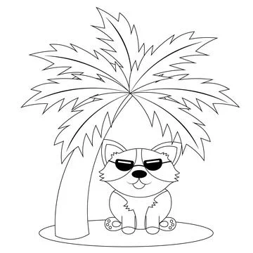 Cute Corgi dog on the beach under a palm tree in black and white Stock Illustration