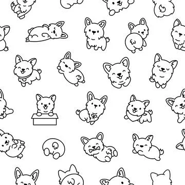 Cute corgi dog. Seamless pattern. Coloring Page. Stock Illustration
