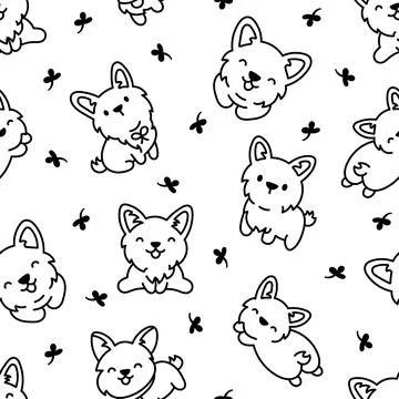 Cute corgi dog. Seamless pattern. Coloring Page. Stock Illustration