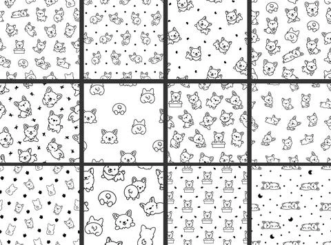 Cute corgi dog. Seamless pattern. Coloring Page. Stock Illustration
