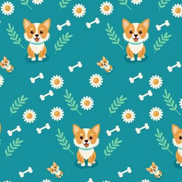 Cute Corgi Dog Seamless Pattern with Daisies, Leaves, and Bones Stock Illustration