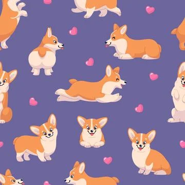 Cute corgi dog seamless pattern. Funny happy pet with short legs, repeated Stock Illustration