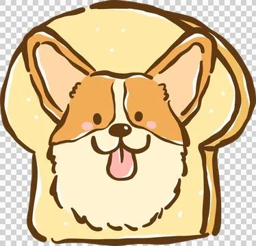 Cute Corgi Face on Bread Toast Cartoon Hand Drawn, Bread Loaf Dog Stock Illustration
