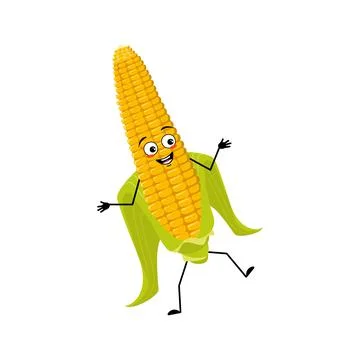 Cute corn cob character cheerful with emotions dancing Stock Illustration