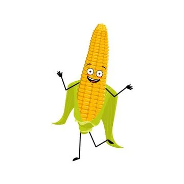 Cute corn cob character cheerful with emotions dancing Stock Illustration
